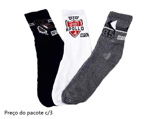 Meia Apollo Adulto  Algodão Sport Cano Longo (c/3)