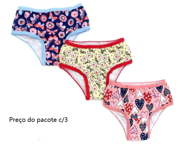 Calcinha Dondoka Infantil Cotton Estampado (c/3)