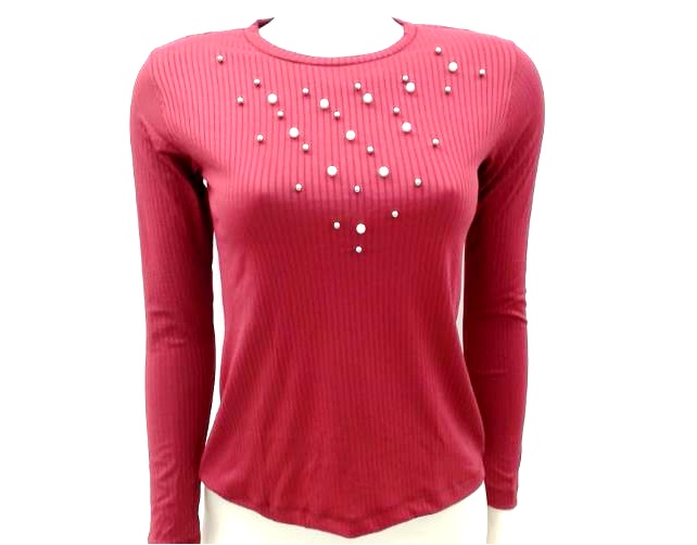 Blusa Lulian Adulto  Manga Longa Poliéster Canelada Pérolas