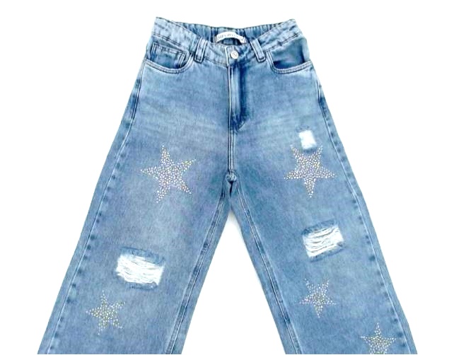 Calça Importsb Juv Fem Jeans Strass Wide Leg Fenda