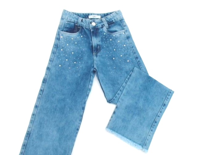 Calça Gilas Juv Fem Jeans Strass Wide Leg