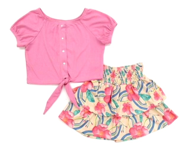 Conjunto Rose Inf Fem M/c Malha Canel Cropped Saia