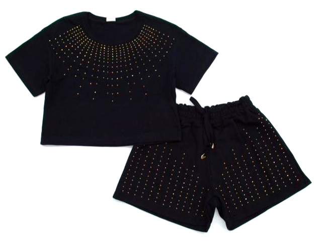 Conjunto Livy Juvenil Manga Curta Malha Strass Short