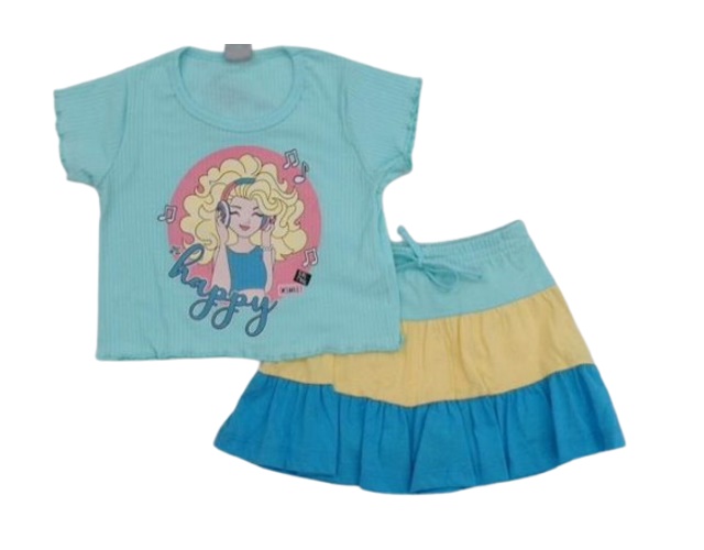 Conjunto Pimentinha Infantil  Manga Curta Malha Canelada Saia