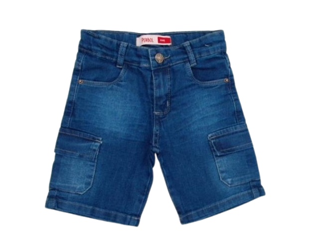 Bermuda Perbol Primeiros Passos Masculino Jeans Lycra Bolso Cargo