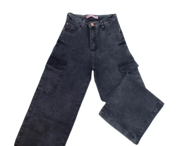 Calça Nacional Juvenil Feminina Jeans Lycra Bolso Cargo Wide Le