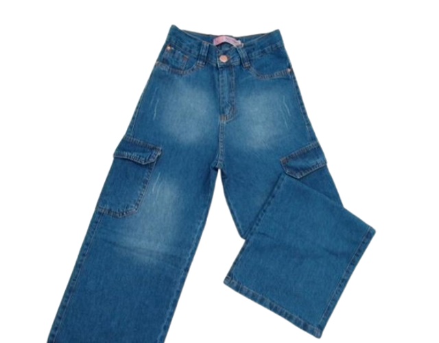 Calça Nacional Juvenil Feminina Jeans Wide Leg Bolso Cargo