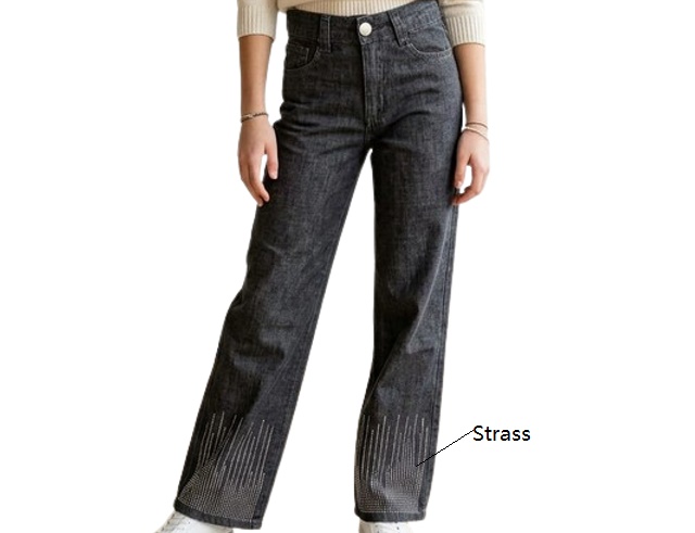 Calça Gilas Juvenil Feminina Jeans Wide Leg Strass