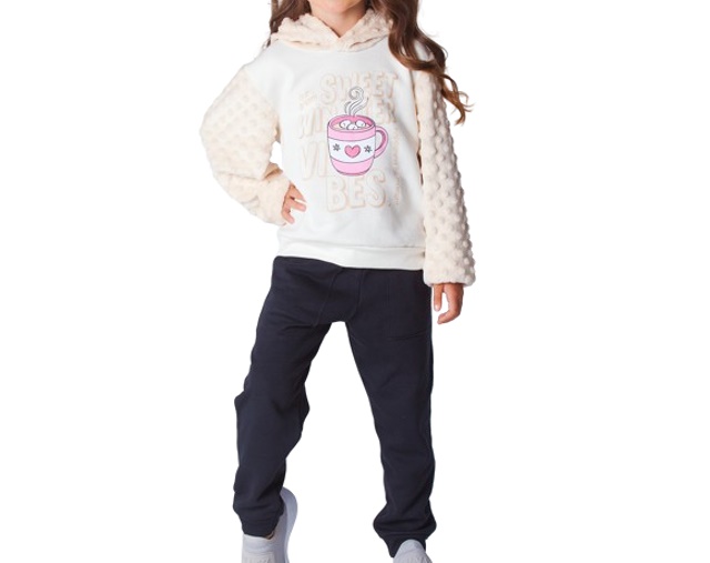 Conjunto Minhaflor Infantil Feminino Moletom Peluciado Poá Capuz