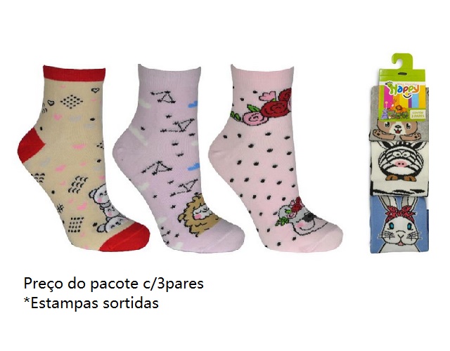 Meia Happybyfiapo Adulto Feminina Algodão Soquete Desenho (c/3)