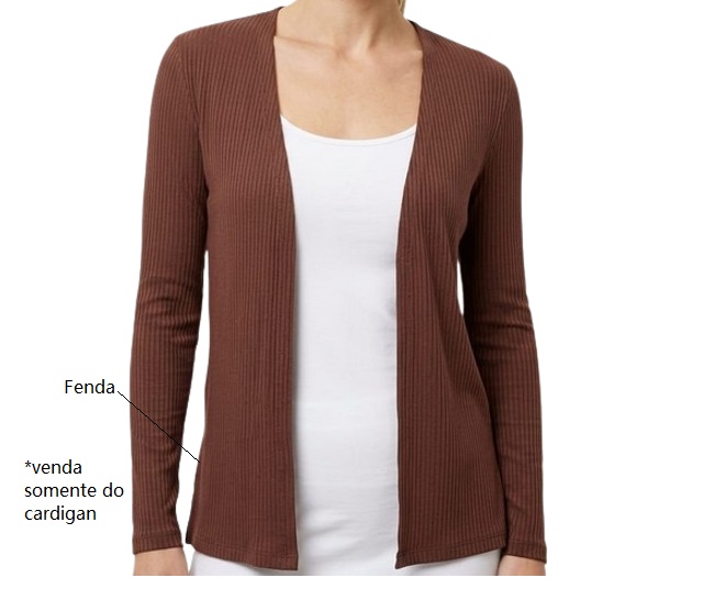 Cardigan Treluna Adulto Feminino Manga Longa Viscolycra Canelada Fenda