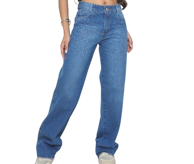 Calça Gilas Juvenil Feminina Jeans Strass Wide Leg