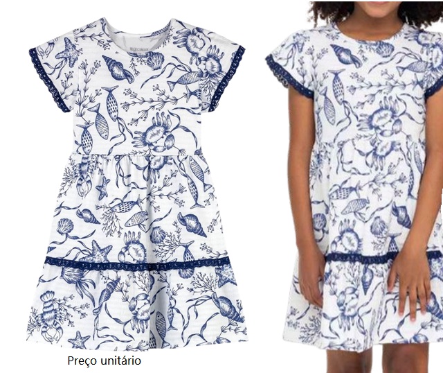 Vestido Lecimar Infantil Manga Curta Malha Trabalhada Estampado