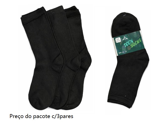 Meia Teensocks Juvenil Masculina Cano Médio Preta (c/3)