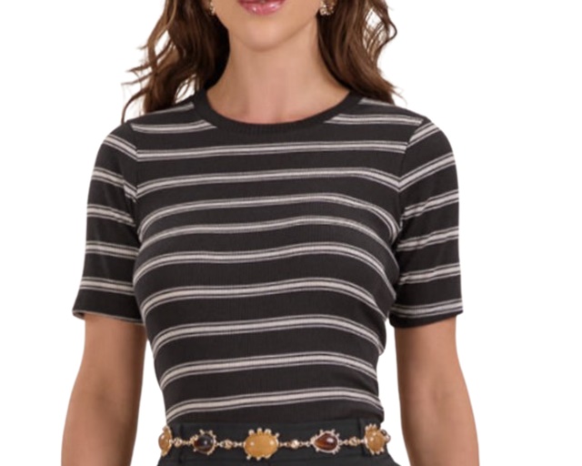 Blusa Lecimar Adulto Feminina Manga Curta Malha Canelada Listrada