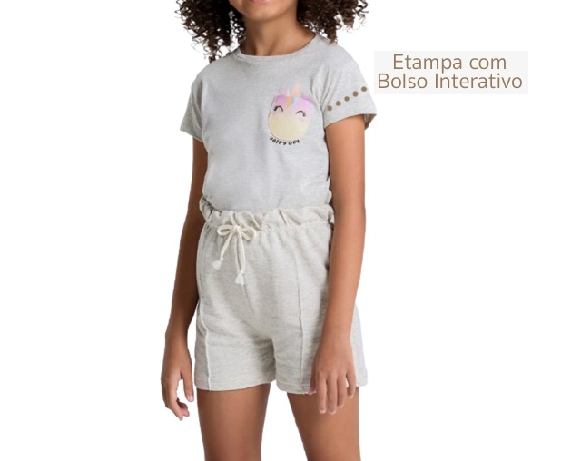 Conjunto Pitiluka Infantil Feminino Manga Curta Malha Cropped Short