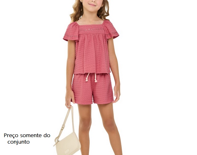 Conjunto Angero Infantil Feminino Manga Curta Malha Luna Strass Shor