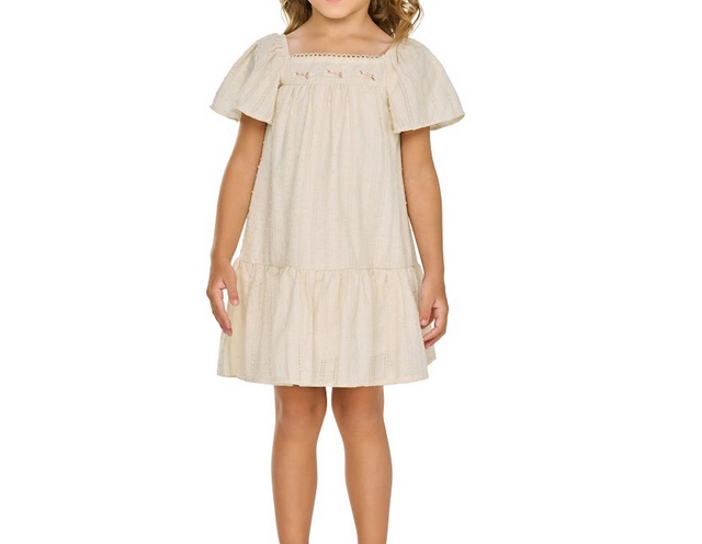 Vestido Angero Infantil Manga Curta Linho Poá Bordado