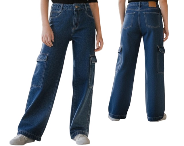 Calça Maliinha Juvenil Feminina Jeans Wide Leg Bolso Cargo