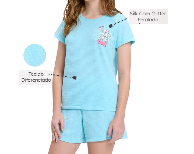 Conjunto Viston Juvenil Feminino Manga Curta Malha Quadriculada Sho