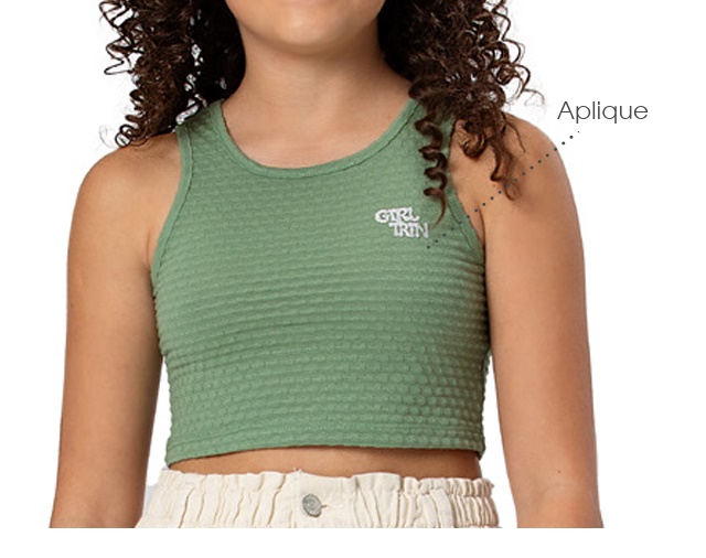 Blusa Trin Juvenil Feminina Regata Malha Trabalhada Cropped