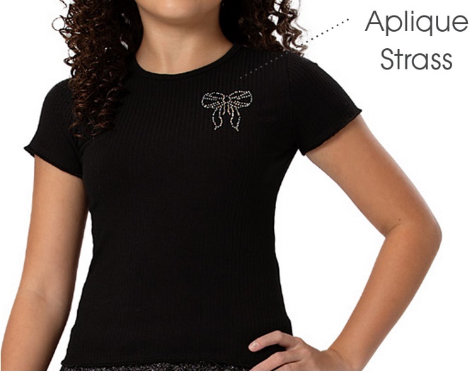 Blusa Trin Juvenil Feminina Manga Curta Viscolycra Canelada Strass