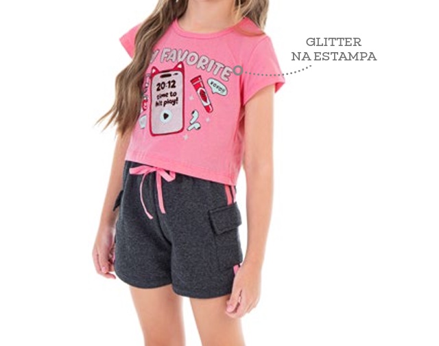Conjunto Jaki Infantil Feminino Manga Curta Malha Cropped Short