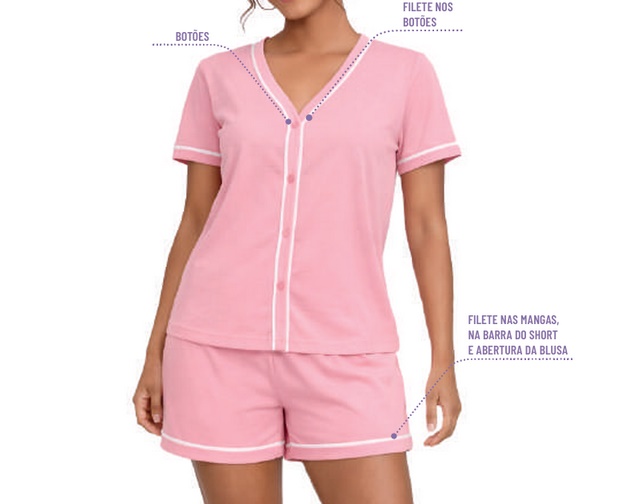 Pijama Desayner Adulto Feminino Manga Curta Malha Aberto