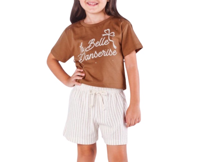 Conjunto Minhaflor Infantil Feminino Manga Curta Malha Cropped Short