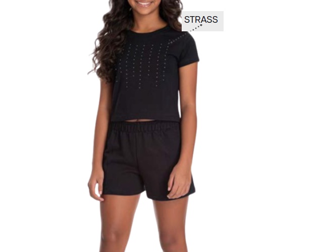 Conjunto Pk Juvenil Feminino Manga Curta Malha Cropped Short