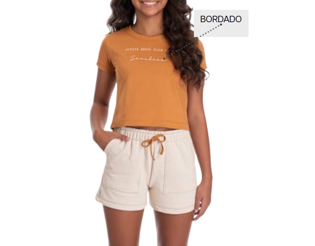 Conjunto Pk Juvenil Feminino Manga Curta Malha Cropped Short