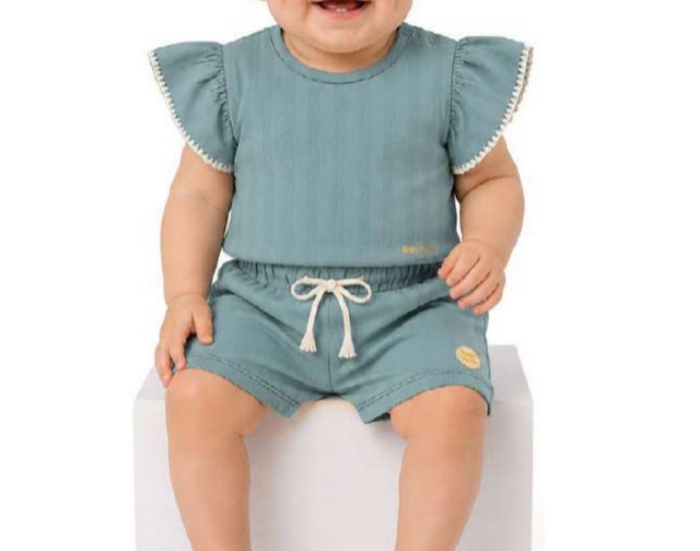 Conjunto Babyvest Bebe Feminino Manga Curta Malha Trabalhada