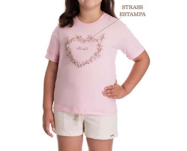 Conjunto Babyvest Infantil Feminino Manga Curta Malha Strass Short