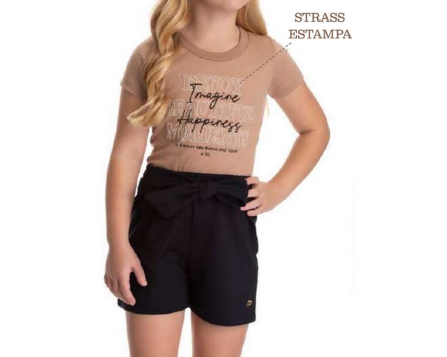 Conjunto Babyvest Infantil Feminino Manga Curta Malha Strass Short