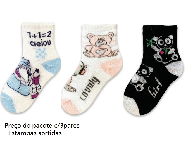Meia Apollo Infantil Feminina Algodão Soquete Desenho (c/3)
