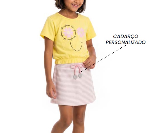 Conjunto Summercat Infantil Feminino Manga Curta Malha Cropped Short