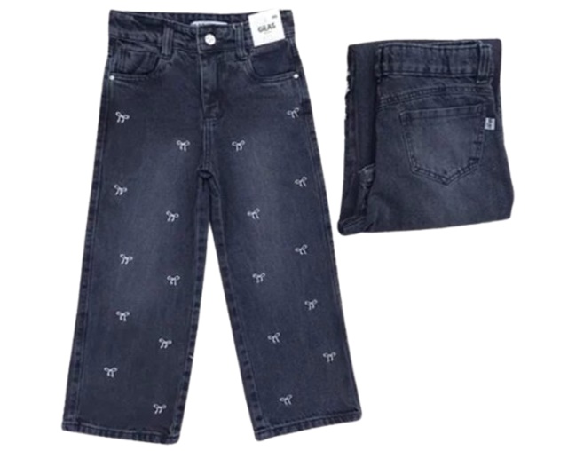 Calça Gilas Infantil Feminina Jeans Black Wide Leg Laço