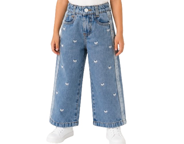 Calça Gilas Primeiros Passos Feminina Jeans Wide Leg Laço