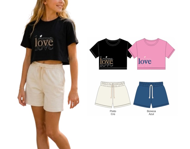 Conjunto Dfkids Juvenil Feminino Manga Curta Malha Short
