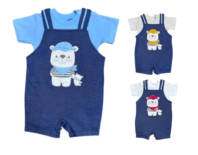 Jardineira Petutinha Bebe Masculina Manga Curta Suedine Body