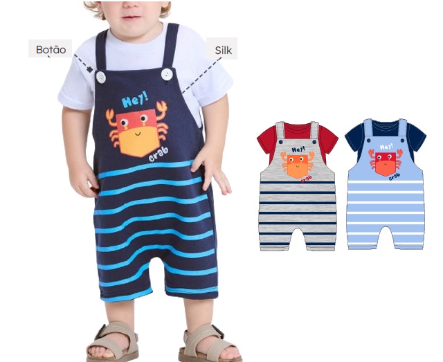 Jardineira Viston Bebe Masculina Manga Curta Moletinho 2pçs