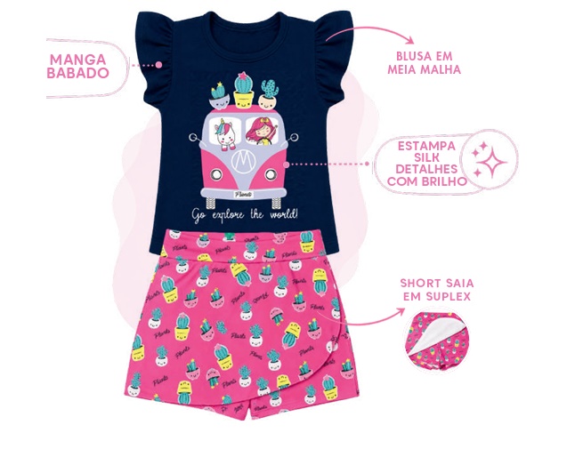 Conjunto Kappes Primeiros Passos Feminino Manga Japonesa Malha Short-s