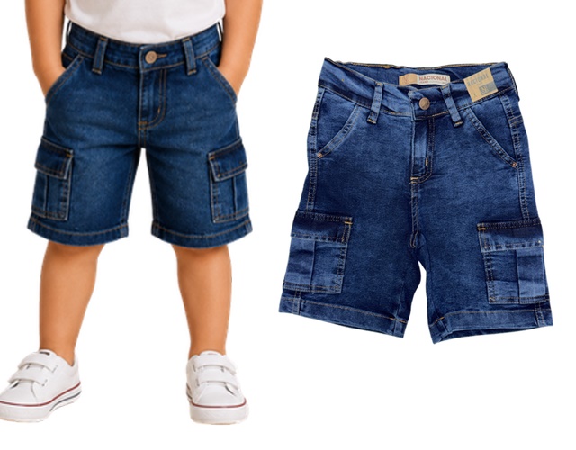 Bermuda Nacional Infantil Masculina Jeans Lycra Bolso Cargo