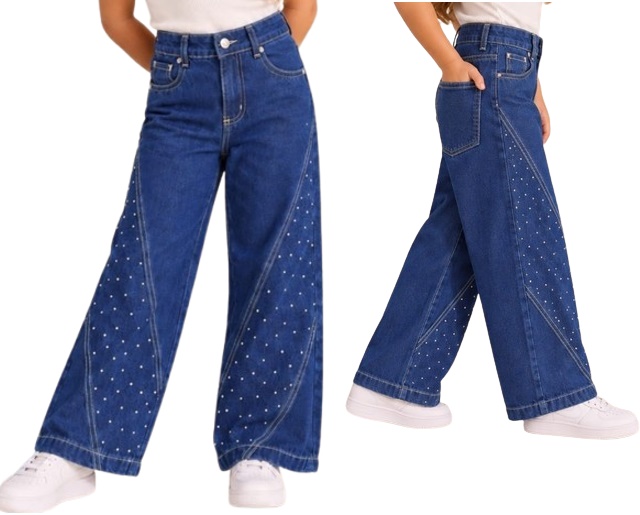 Calça Gilas Infantil Feminina Jeans Strass Wide Leg