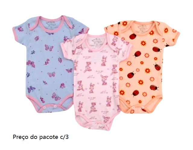Body Timufy Bebe Feminino Manga Curta Suedine Estampado (c/3)