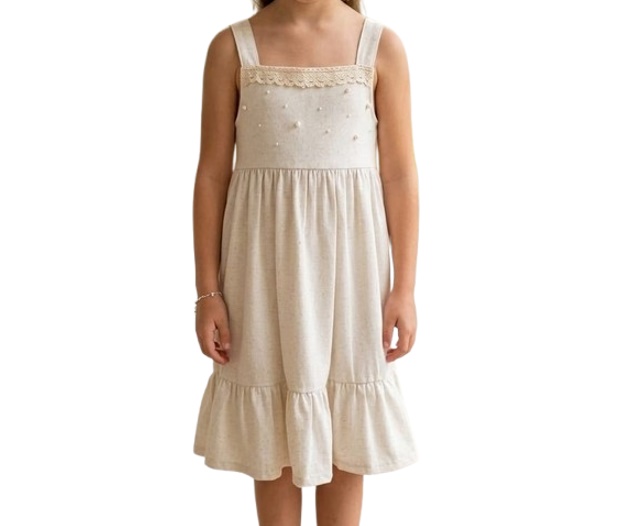 Vestido Randa Juvenil Regata Cotton Anarruga Linho Pérola