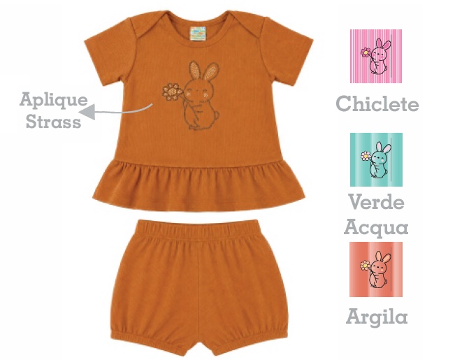 Conjunto Ddn Bebe Feminino Manga Curta Ribana Canelada Short